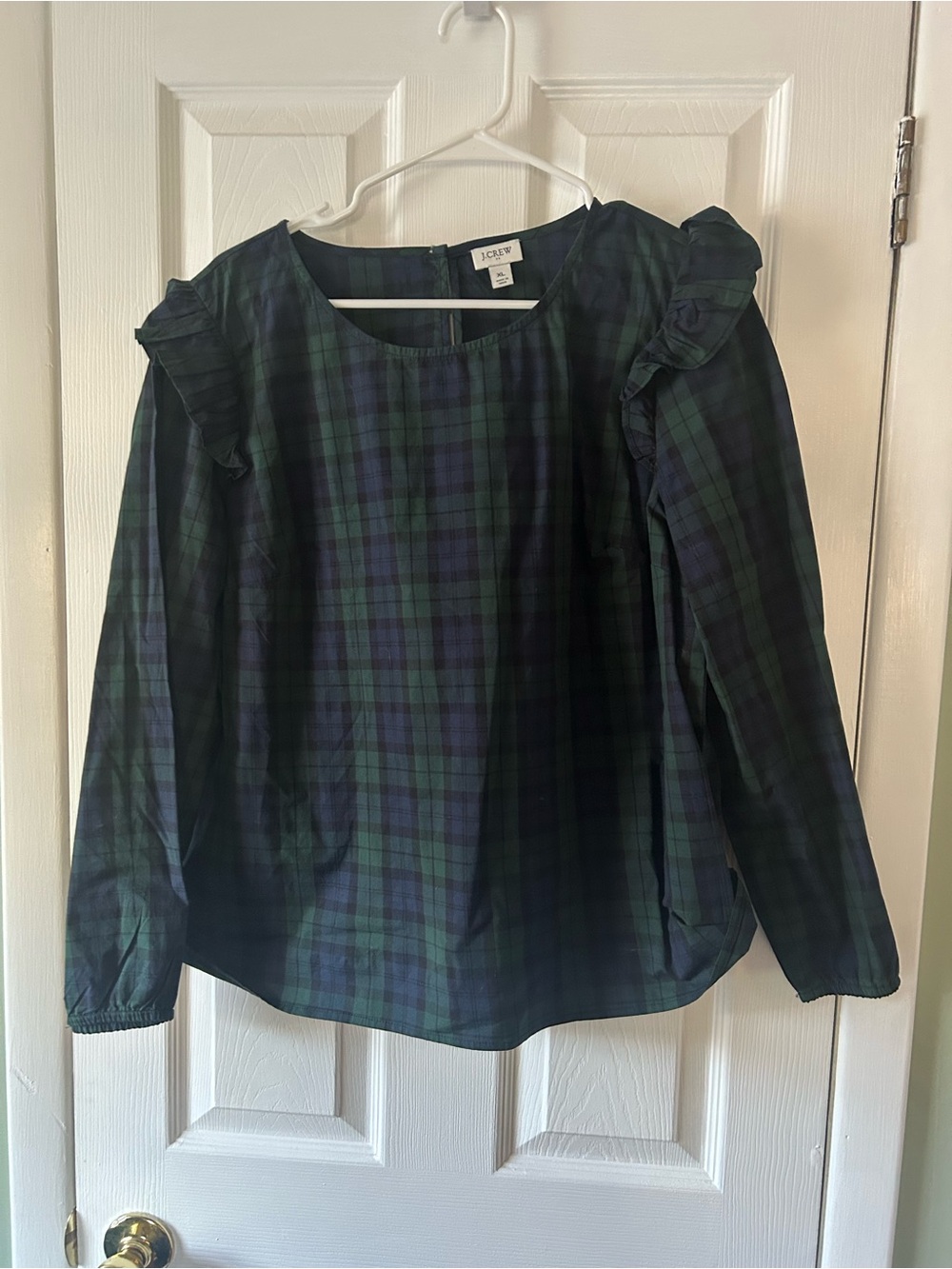 J. Crew Plaid Ruffle-Shoulder Top in Green and Navy